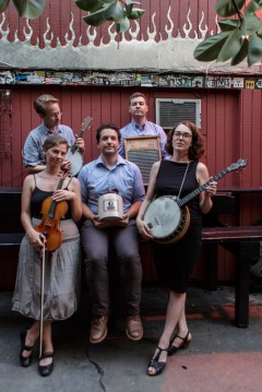G Burns Jug Band: (front row) Batya MacAdam-Somer, Jonathan Piper, Meghann Welsh, (back row) Clinton Davis, Anders Larsson. Photo by John Hancock.